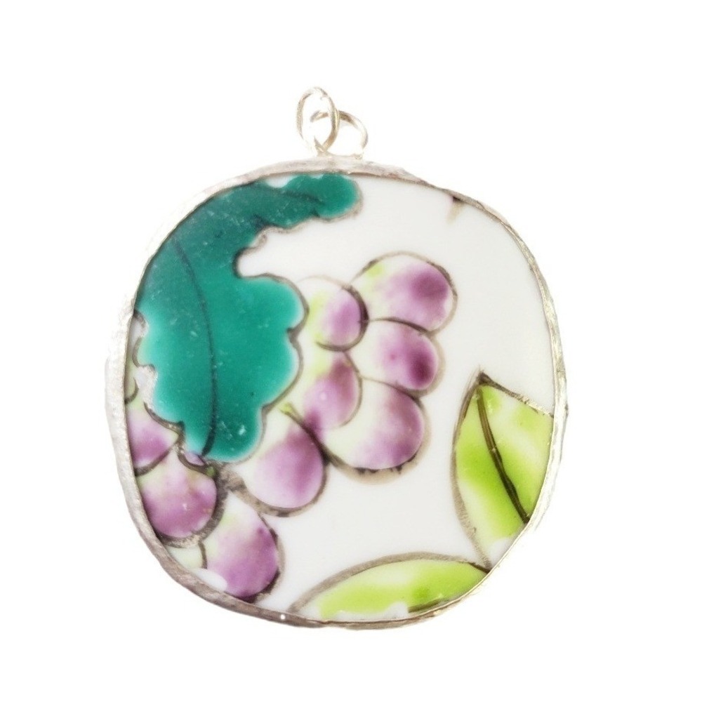 Vintage Broken China Floral Pendant Purple Grapes Green Leaves Silver Tone Bezel